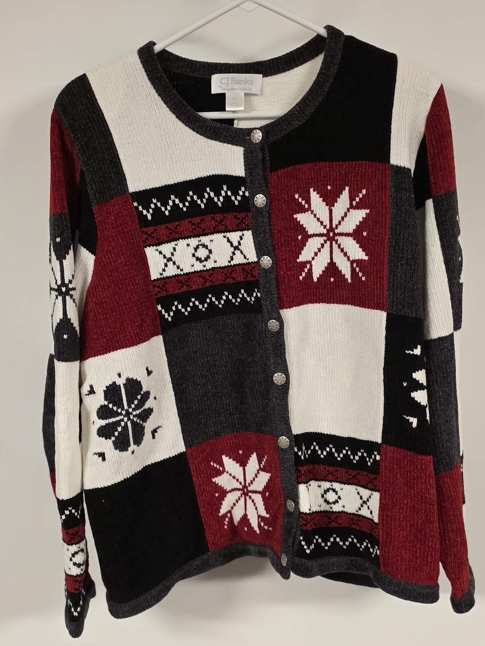 CJ Banks Vintage 2003 Christmas Patchwork Cardigan Sweater Plus 1X Snowflake